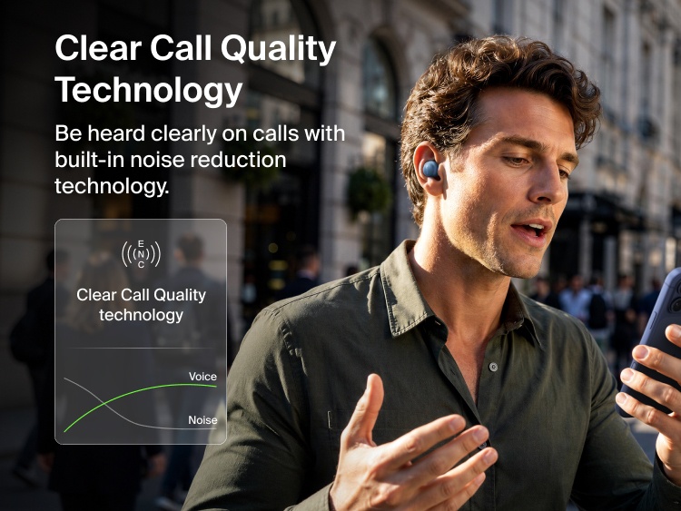 Person wearing a SoundForm Dot ANC Noise-Cancelling Earbud while on a phone call outdoors, illustrating clear call quality technology with a voice-versus-noise graph