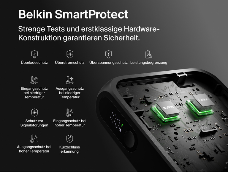 Belkin UltraCharge 20K 45W power bank with integrated cable featuring SmartProtect safety system with multi-layer protection for secure and reliable charging