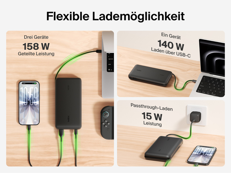 Belkin UltraCharge Pro Laptop Power Bank 25K demonstrating flexible charging with up to 158W shared output, 140W single-device USB-C charging, and pass-through charging capability