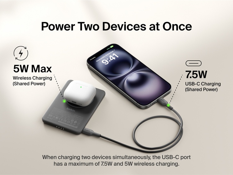 Belkin BoostCharge Slim Magnetic Power Bank 5K shown charging a smartphone and wireless earbuds simultaneously, demonstrating dual charging with 7.5W USB-C and 5W wireless shared power output.