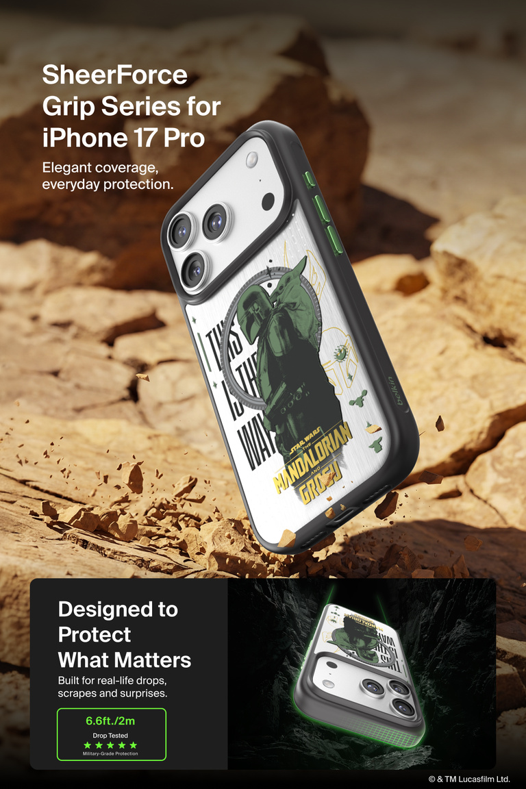 Belkin SheerForce Grip Series Case for iPhone 17 Pro featuring Star Wars The Mandalorian and Grogu artwork with military-grade drop protection and textured grip design.