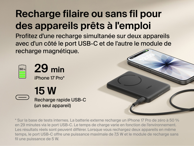 Belkin BoostCharge Slim Magnetic Power Bank 5K with Qi2 shown delivering wired USB-C fast charging and wireless charging for reliable, on-the-go power in a compact portable design.