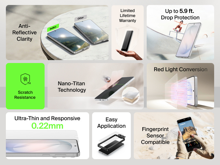 Feature overview of Belkin ScreenForce Titan EcoGuard Red Light Screen Protector for Samsung Galaxy S26, highlighting scratch resistance, drop protection, nano-titan technology, fingerprint sensor compatibility, easy application, and ultra-thin responsive design.