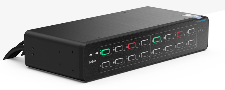 A sleek, black Belkin 8:2 DisplayPort DuoClave Secure KVM with CAC, featuring illuminated port indicators and labeled buttons for secure switching between two computers.