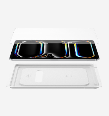 an iPad, a TemperedGlass screen protector for iPad and an Easy Align Tray stacked on top of each other.