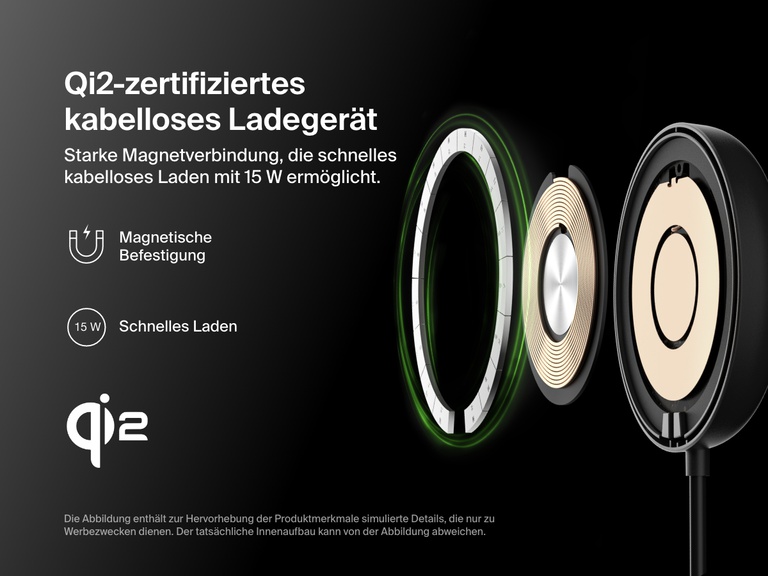 Eine Einzelteildarstellung eines schwarzen Belkin BoostCharge Pro magnetischen, kabellosen Ladegeräts mit Qi2, 15 W, zeigt seine internen Komponenten und veranschaulicht seine Qi2-Zertifizierung, seine 15-Watt-Schnellladefunktion und feste magnetische Platzierung.