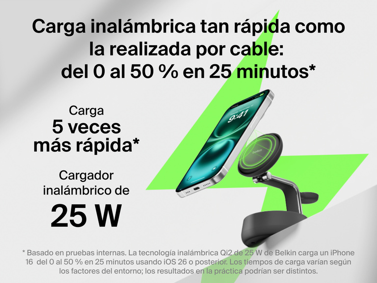 La estación magnética de carga 3 en 1 con Qi2 25W Belkin UltraCharge Pro proporciona una carga inalámbrica tan rápida como la realizada por cable, recargando un iPhone del 0 al 50 % en 25 minutos.