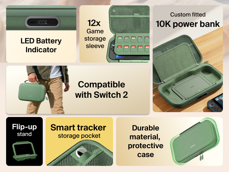 Feature overview of the Belkin Gaming Charging Case Pro for Nintendo Switch 2 highlighting built-in 10K power bank, LED battery indicator, flip-up stand, game card storage, smart tracker pocket, and durable protective design.