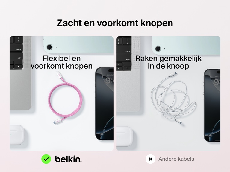 Vergelijkende afbeelding met aan de ene kant de flexibele Belkin BoostCharge 60 W USB-C-naar-USB-C-kabel die knoopvrij blijft en aan de andere kant standaardkabels die gemakkelijk in de knoop raken.