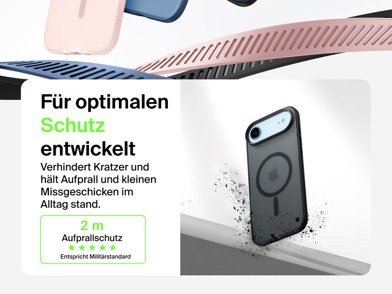 Belkin SheerForce Grip Series Case for iPhone 17 shown with textured grip and impact protection against drops.