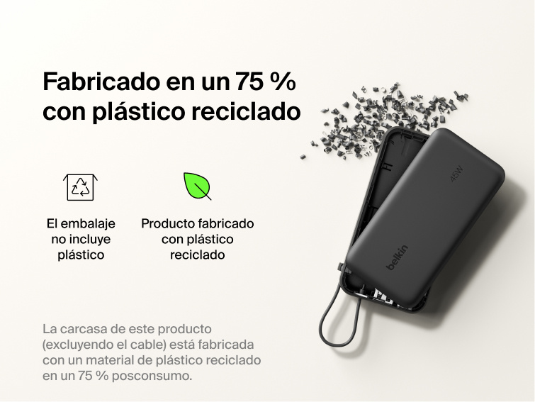 Belkin UltraCharge 10K power bank with integrated USB-C cable and digital display made with 75% recycled plastic and eco-friendly packaging