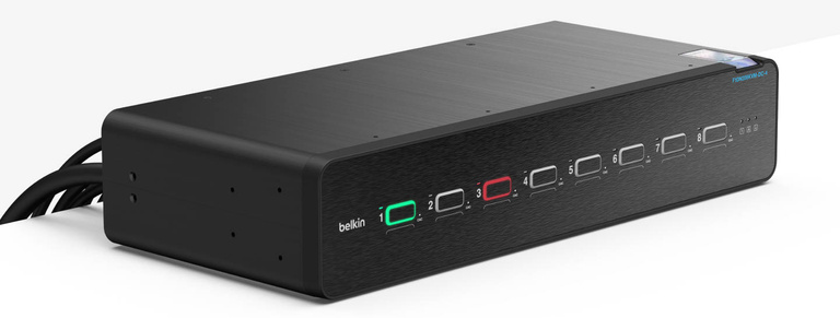 A sleek, black Belkin Universal DisplayPort Secure KVM 8-Port Dual Head with CAC device, featuring illuminated port indicators and labeled buttons for secure switching between two computers.