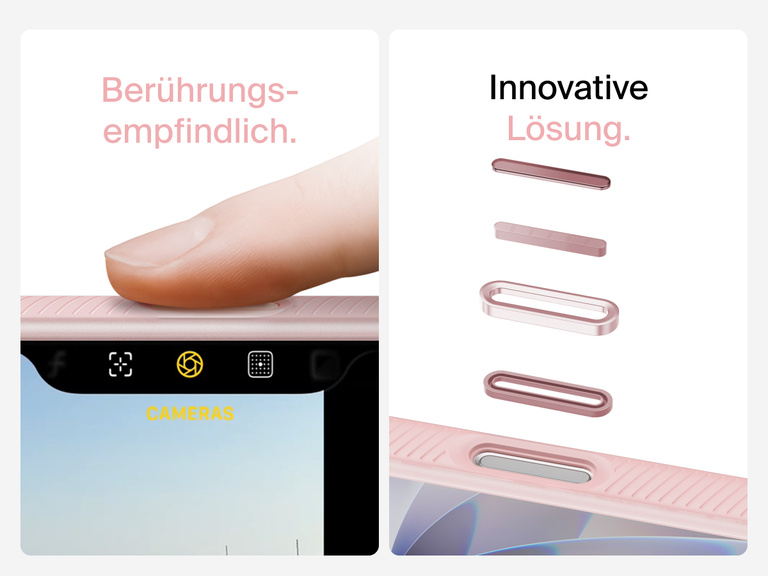 Belkin SheerForce Grip Series Case for iPhone 17 with MagSafe ring, raised edges, and floating tinted buttons for precision protection.