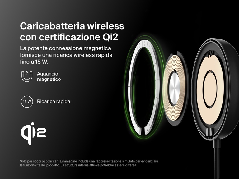 Vista esplosa di un Tappetino di ricarica wireless magnetica con Qi2 da 15 W BoostCharge Pro Belkin di colore nero, in cui si illustrano i componenti interni e si evidenzia la certificazione Qi2, la capacità di ricarica rapida da 15 W e il potente aggancio magnetico.
