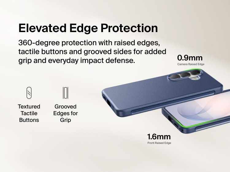 Belkin SheerForce Protect Series Case for Samsung Galaxy S26 featuring elevated edge protection with raised camera and screen edges, tactile buttons, and grooved sides for enhanced grip and everyday impact defense.