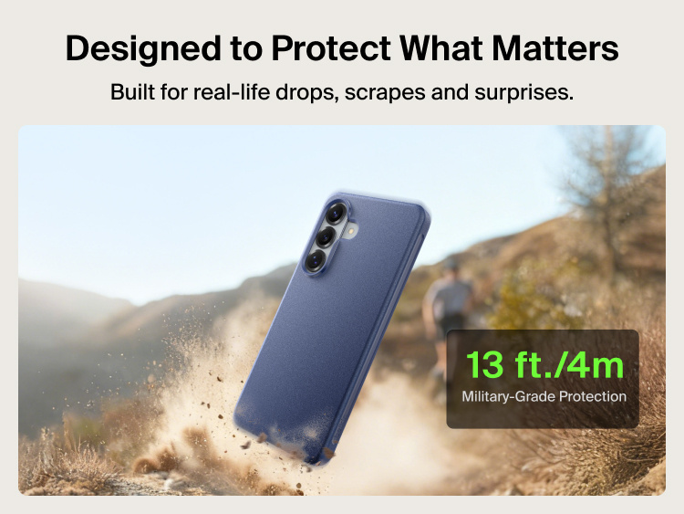 Belkin SheerForce Protect Series Case for Samsung Galaxy S26 shown with drop impact, highlighting durable everyday protection and up to 13 ft drop resistance for real-life use.