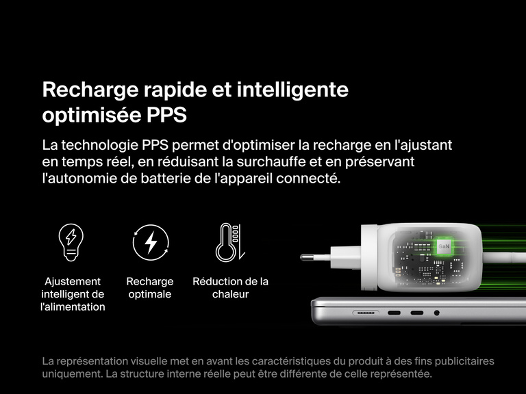 BoostCharge Pro 3-Port GaN Wall Charger 100W shown with internal PPS technology visualization, enabling smart power adjustment for reduced heat, improved efficiency, and extended battery life.