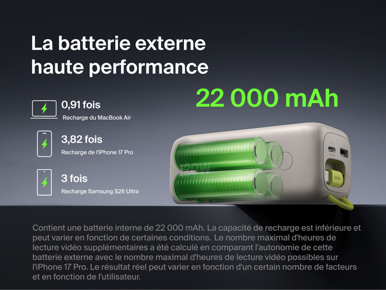 Image d'une batterie externe 22K UltraCharge avec c&acirc;ble r&eacute;tractable rechargeant simultan&eacute;ment deux&nbsp;ordinateurs portables sur un bureau, mettant en avant la recharge rapide de 120&nbsp;W permettant de recharger un MacBook Air ou un iPhone de z&eacute;ro &agrave; 50&nbsp;% en moins de 30&nbsp;minutes.