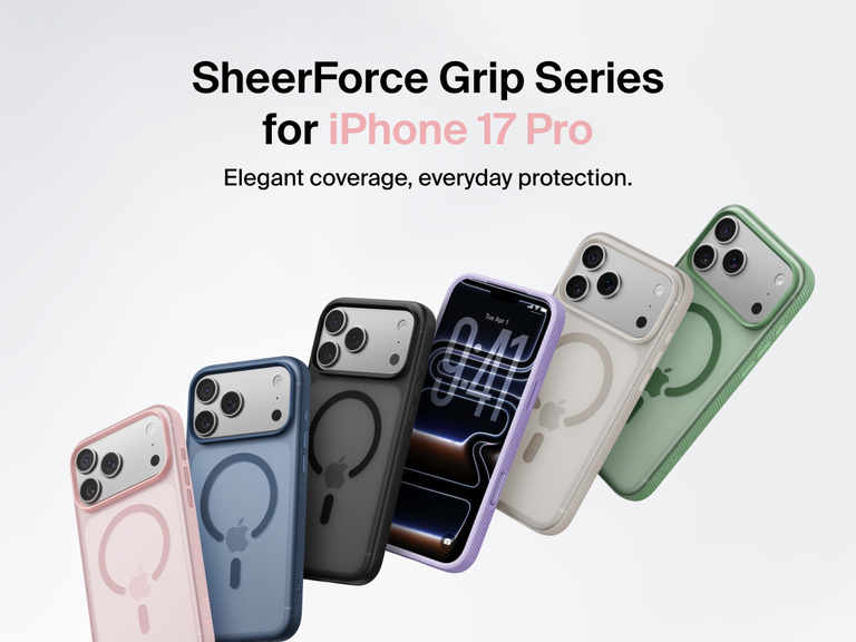 Belkin SheerForce Grip Series protective case for iPhone 17 shown in pink, clear, and black with slim design and MagSafe compatibility.