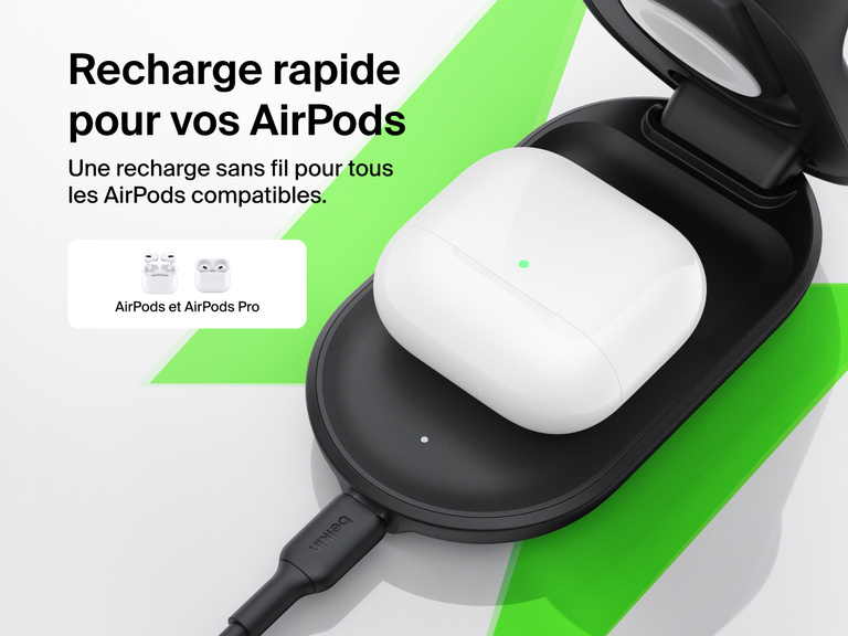 Socle de recharge 3-en-1 aimanté et pliable Belkin UltraCharge avec Qi2 (25 W) offrant une recharge sans fil rapide et fluide pour tous les modèles d’AirPods et d'AirPods Pro compatibles.