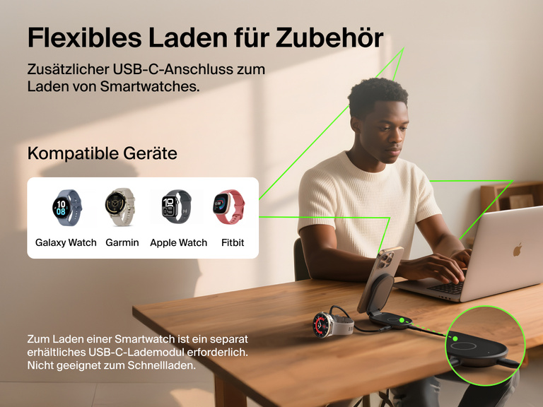 Die Belkin UltraCharge faltbare magnetische 2-in-1-Ladestation mit Qi2 25W wird beim Laden eines iPhones und einer Smartwatch über den USB-C-Anschluss gezeigt, der kompatibel mit der Apple Watch, Galaxy Watch, Garmin, und Fitbit ist.