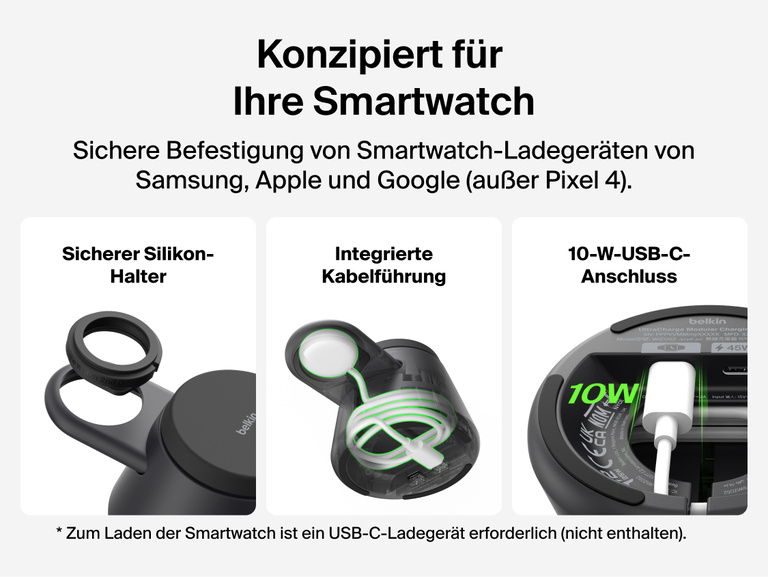 Die Belkin UltraCharge modulare Ladestation mit Qi2&nbsp;25W wird mit ihrem sicheren, passgenauen Smartwatch-Halter mit Silikonoberfl&auml;che, integriertem Kabelmanagement und 10-W-USB-C-Anschluss gezeigt, der zum flexiblen Laden mit kompatiblen Smartwatch-Ladeger&auml;ten von Apple, Google und Samsung dient.