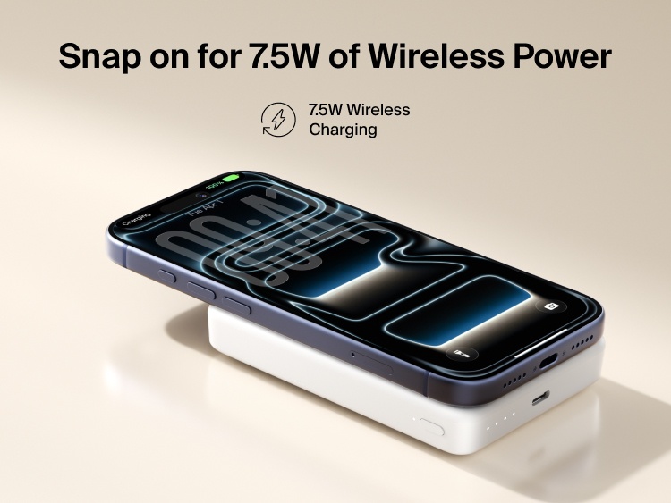 Belkin BoostCharge Slim 10K 是一款纖薄隨身式的磁吸式行動電源，透過磁力吸附在智慧型手機上，提供 7.5W 無線充電