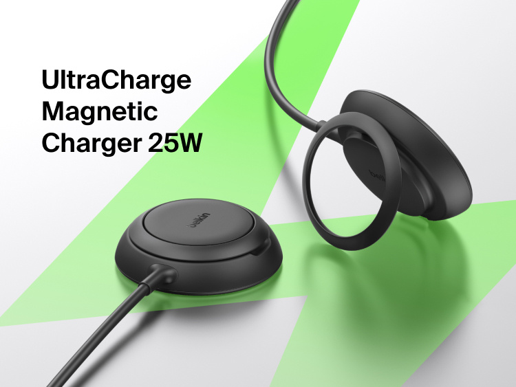 Belkin UltraCharge Magnetic Charger with Qi2 25W shown as a sleek magnetic charging pad and stand designed for fast, secure wireless charging.
