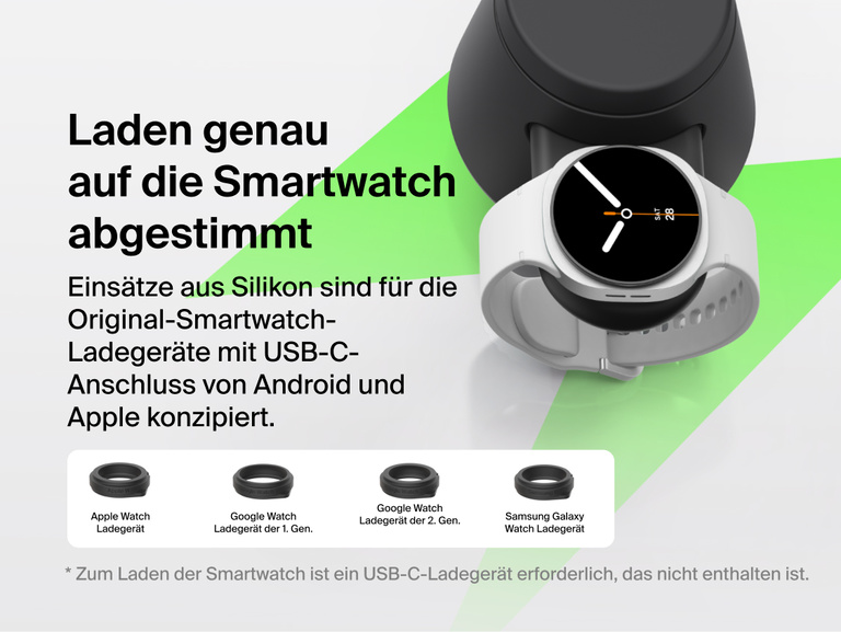 Die Belkin UltraCharge modulare Ladestation mit Qi2 25W eignet sich mit austauschbaren Eins&auml;tzen f&uuml;r USB-C-Ladeger&auml;te f&uuml;r die Apple Watch, Google Watch und Samsung Galaxy Watch.