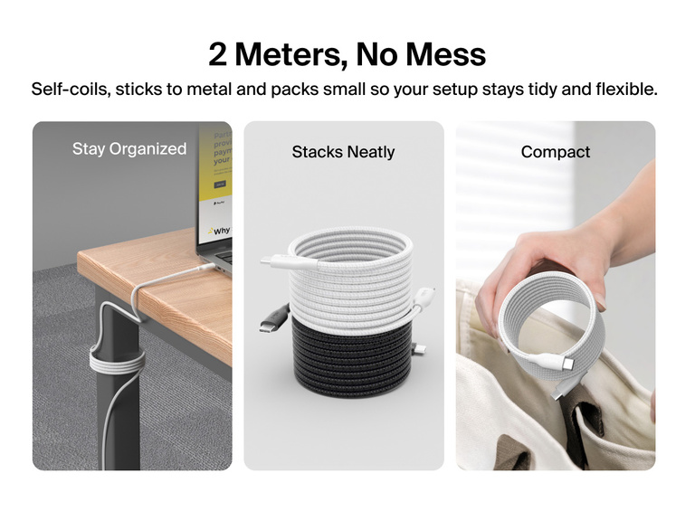 Lifestyle image showing Belkin BoostCharge Pro Magnetic USB-C Cable 240W self-coiling to stay organized, stacking neatly, and packing compactly for tidy, flexible setups at home or on the go.