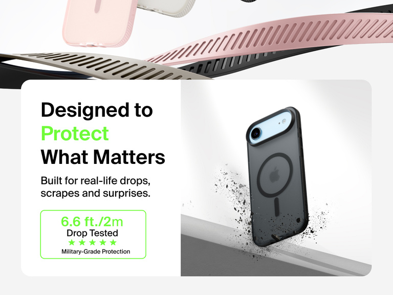 Belkin SheerForce Grip Series Case for iPhone 17 shown with textured grip and impact protection against drops.