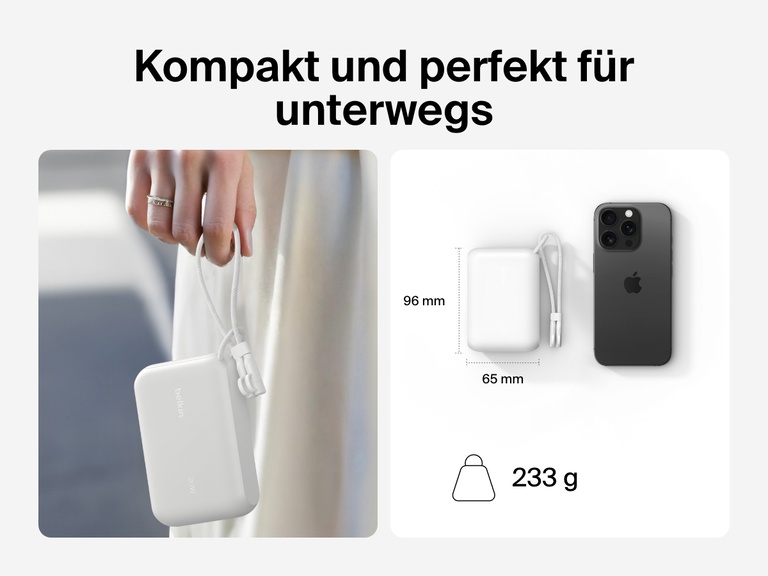 Die Belkin BoostCharge Powerbank 10K mit Display wird in einer Hand und neben einem Smartphone gezeigt, um das kompakte Design für unterwegs mit 96 x 65 mm und dem leichten Gewicht von 233 g zu veranschaulichen.