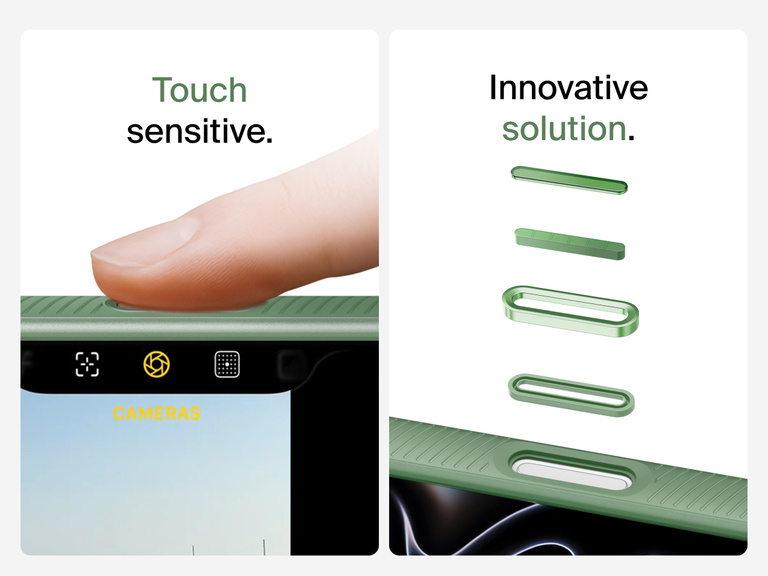 Belkin SheerForce Grip Series Case for iPhone 17 with MagSafe ring, raised edges, and floating tinted buttons for precision protection.