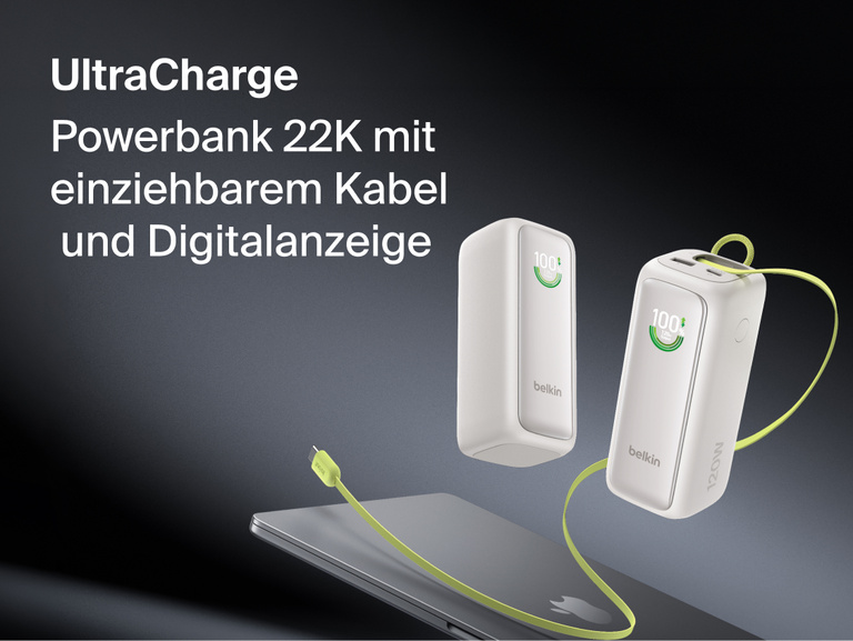 UltraCharge Powerbank 22K mit einziehbarem Kabel aus zwei Perspektiven dargestellt, mit Akkustandsanzeigen von 100 % und ausgezogenem, integriertem einziehbarem USB-C-Kabel.
