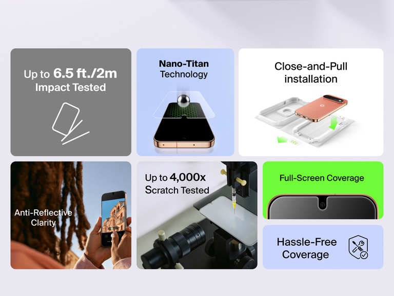 Belkin Titan SmartShield Anti-Reflective Screen Protector for Google Pixel 11 highlighting 6.5 ft drop protection, Nano-Titan technology, 4,000x scratch resistance, anti-reflective clarity, and easy installation.