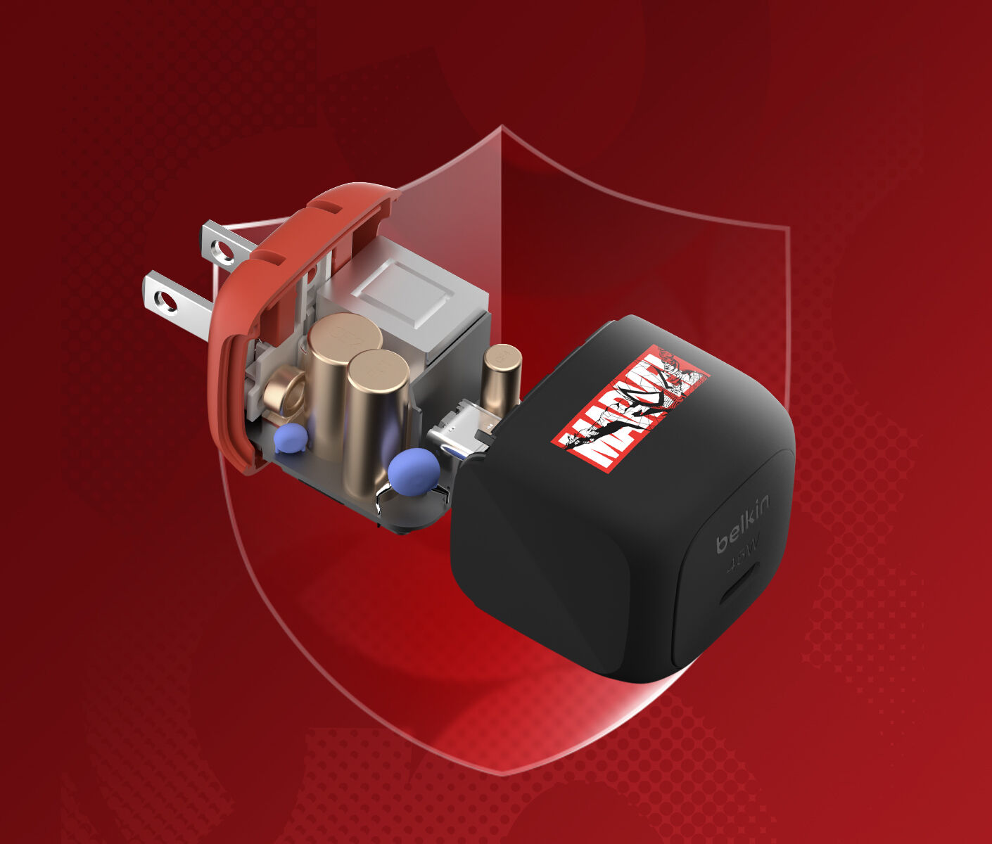 Belkin BoostCharge Cubic Charger 45Wの断面図が表示され、内部の電子部品が明らかになっています。