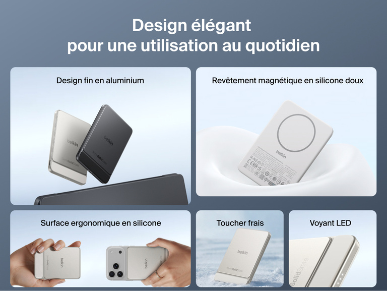 Image de la batterie externe magn&eacute;tique Belkin&nbsp;UltraCharge&nbsp;Pro&nbsp;Slim&nbsp;5K avec BoostSolid&nbsp;Cell dot&eacute;e d'un rev&ecirc;tement en aluminium, d'un socle de recharge ergonomique en silicone, d'un voyant LED, d'une conception anti-surchauffe et d'une surface magn&eacute;tique agr&eacute;able au toucher.