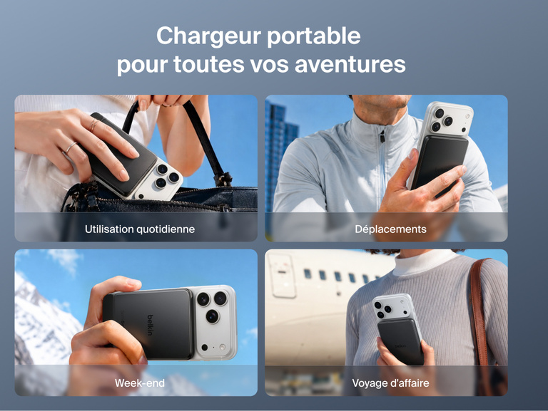 Image de la batterie externe magn&eacute;tique Belkin&nbsp;UltraCharge&nbsp;Pro&nbsp;Slim&nbsp;5K avec BoostSolid&nbsp;Cell, con&ccedil;ue pour un usage quotidien, les d&eacute;placements en ville, les escapades du week-end et les voyages d'affaires.