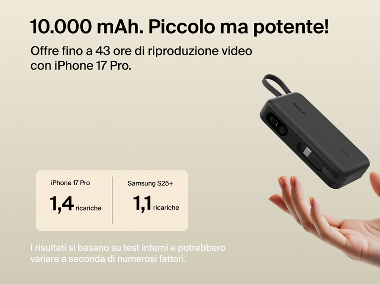 Belkin UltraCharge 10K power bank with integrated USB-C cable and digital display, delivering up to 45W fast charging and extended battery life for smartphones