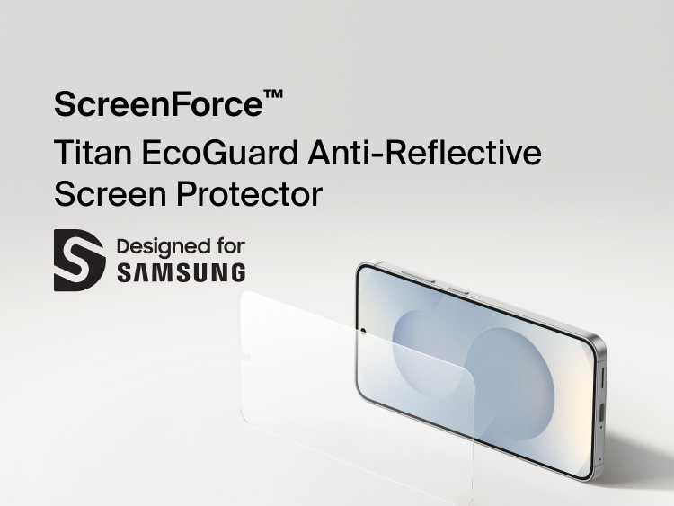 Belkin ScreenForce Titan EcoGuard Anti-Reflective Screen Protector for Samsung Galaxy S26 shown applied to a smartphone display, designed to reduce glare, resist scratches, and provide durable everyday screen protection.