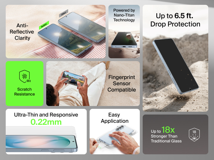 Belkin ScreenForce Titan SmartShield Anti-Reflective Screen Protector for Samsung Galaxy S26 highlighting 9H scratch resistance, up to 6.5 ft drop protection, fingerprint sensor compatibility, ultra-thin 0.22 mm design, easy application, and glare-reducing clarity.