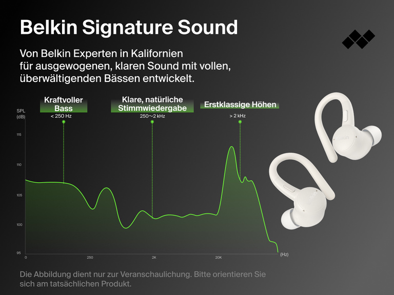 Belkin SoundForm ActiveFit Wireless Earbuds engineered in California with signature sound tuning for powerful bass, clear vocals, and crisp treble.