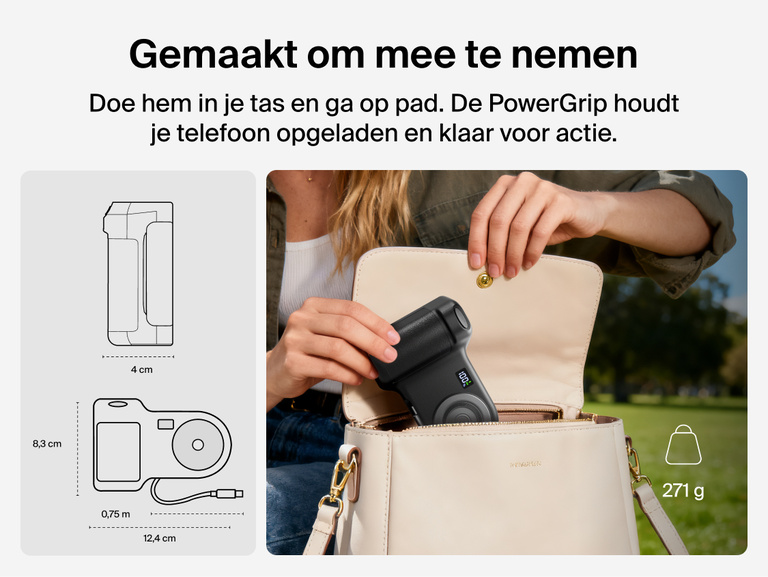 Person placing the Belkin Stage PowerGrip portable magnetic wireless charger into a handbag, shown with product dimensions and lightweight design for easy travel.