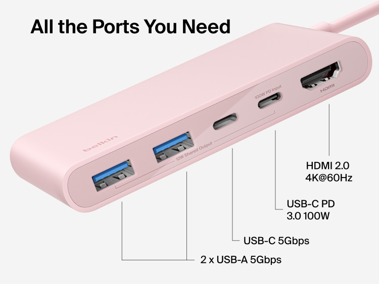 Belkin Connect 5-Port USB-C Hub with Dual USB-C Ports includes HDMI 2.0 4K@60Hz, USB-C PD 3.0 100W, USB-C 5Gbps, and dual USB-A 5Gbps ports.