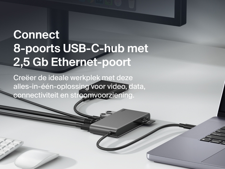 Belkin Connect 8-poorts USB-C-hub met 2,5 Gb Ethernet-poort die een laptop verbindt met een desktopmonitor ter ondersteuning van gegevensoverdracht met hoge snelheden, een uitgebreid bureaublad en het opladen van apparaten voor een gestroomlijnde werkplek.