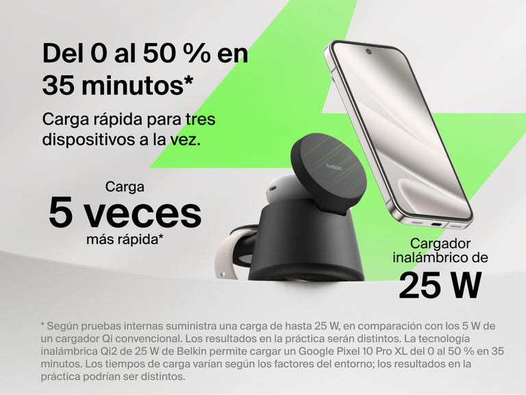 Se muestra la estaci&oacute;n de carga modular con Qi2 de 25 W Belkin UltraCharge, destacando la carga inal&aacute;mbrica r&aacute;pida de hasta 25 W que ofrece un rendimiento hasta 5 veces m&aacute;s r&aacute;pida para cargar m&oacute;viles compatibles del 0 al 50 % en unos 35 minutos. Adem&aacute;s, es capaz de cargar m&uacute;ltiples dispositivos al mismo tiempo.