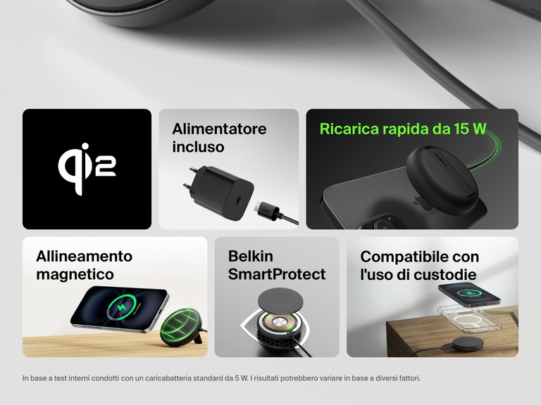 Panoramica di un tappetino di ricarica wireless magnetica con Qi2 da 15 W BoostCharge Pro Belkin di colore nero con certificazione Qi2, alimentatore incluso, ricarica rapida da 15 W, allineamento magnetico, sicurezza Belkin SmartProtect e compatibilità con l'uso delle custodie.