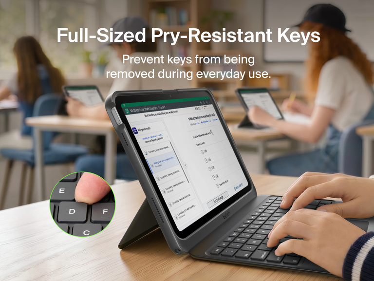 USB-C Keyboard Folio with Display Hub for iPad used by a student, highlighting full-size pry-resistant keys.