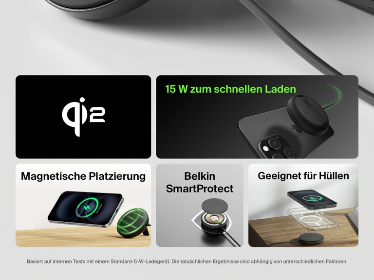 Infografik, mit der die Merkmale des magnetischen, kabellosen Belkin BoostCharge Pro-Ladegeräts mit Qi2 und 15 Watt gezeigt werden: die 15-Watt-Schellladefunktion, die magnetische Platzierung, die Belkin SmartProtect-Technologie und die Kompatibilität mit Smartphone-Hüllen.