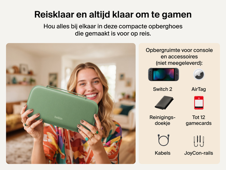 Smiling woman holds the Belkin Gaming Charging Case for Nintendo Switch 2, a compact travel case designed to carry your console and accessories like game cards, cables, JoyCon rails, and AirTag (not included).
